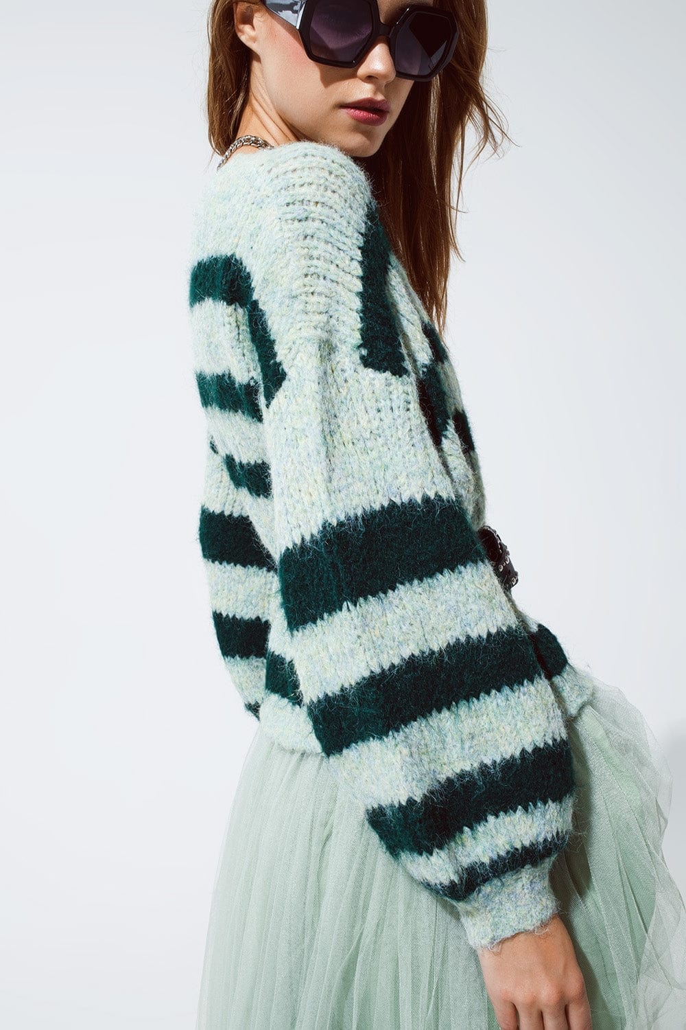 Q2 Women's Sweater One Size / Green Super Fluffy Oversized Cardigan In Striped Green Design