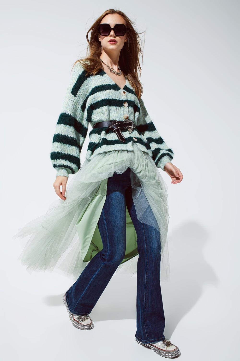 Q2 Women's Sweater One Size / Green Super Fluffy Oversized Cardigan In Striped Green Design