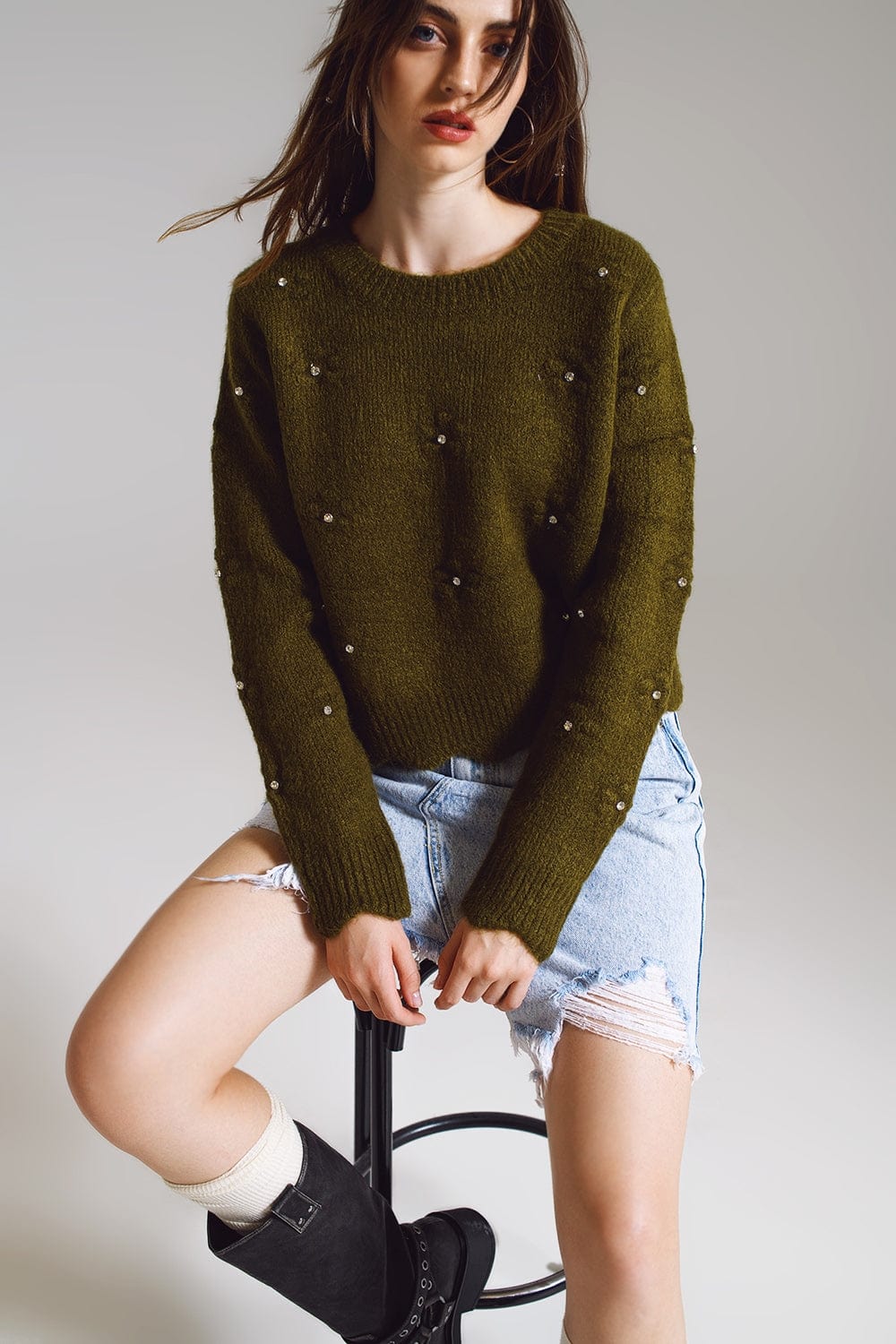 Q2 Women's Sweater One Size / Green Sweater With Knitted Flowers And Strass Embellished In Khaki