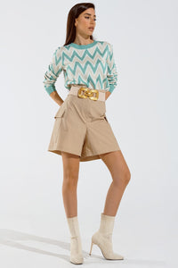 Q2 Women's Sweater One Size / Green Turquoise  Sweater With  Zig Zag Print In Beige  With White Details