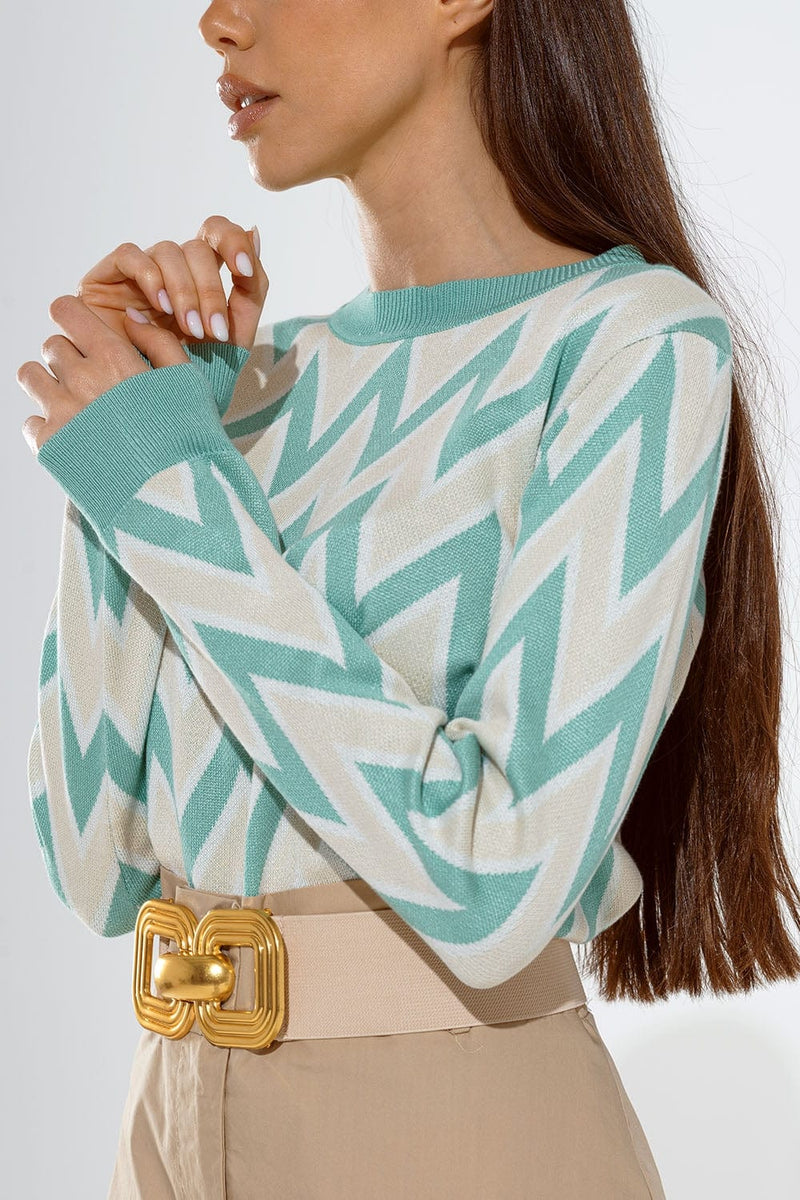 Q2 Women's Sweater One Size / Green Turquoise  Sweater With  Zig Zag Print In Beige  With White Details