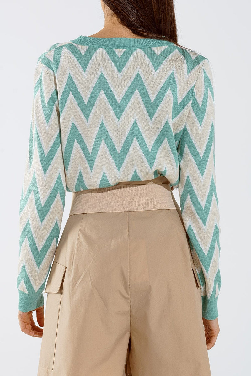 Q2 Women's Sweater One Size / Green Turquoise  Sweater With  Zig Zag Print In Beige  With White Details