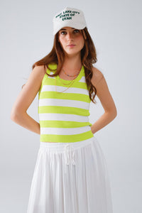 Q2 Women's Sweater One Size / Green White Tank Top With Wide Stripes In Lime Green