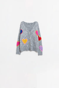 Q2 Women's Sweater One Size / Grey Grey Knitted Cardigan With Embroidered Hearts