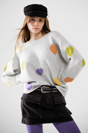 Q2 Women's Sweater One Size / Grey Grey Sweater With Boat Neck And Heart Print