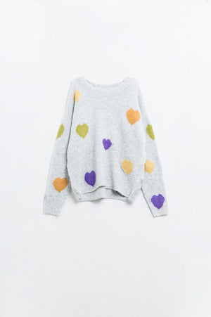 Q2 Women's Sweater One Size / Grey Grey Sweater With Boat Neck And Heart Print