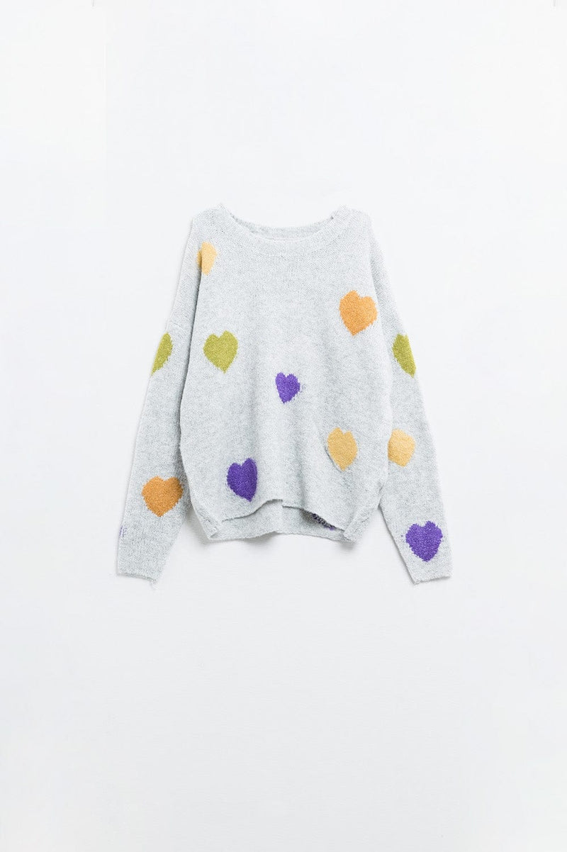 Q2 Women's Sweater One Size / Grey Grey Sweater With Boat Neck And Heart Print