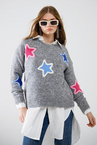 Q2 Women's Sweater One Size / Grey Grey Sweater With Embroidered Stars