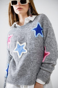 Q2 Women's Sweater One Size / Grey Grey Sweater With Embroidered Stars