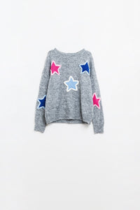 Q2 Women's Sweater One Size / Grey Grey Sweater With Embroidered Stars