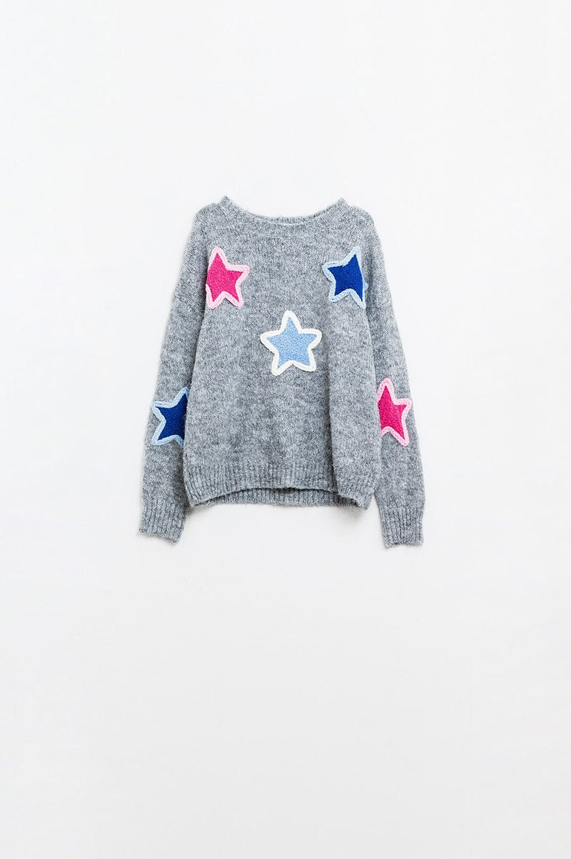 Q2 Women's Sweater One Size / Grey Grey Sweater With Embroidered Stars