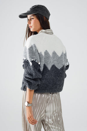 Q2 Women's Sweater One Size / Grey Herringbone Pattern Sweater With Sequin Details In Grey