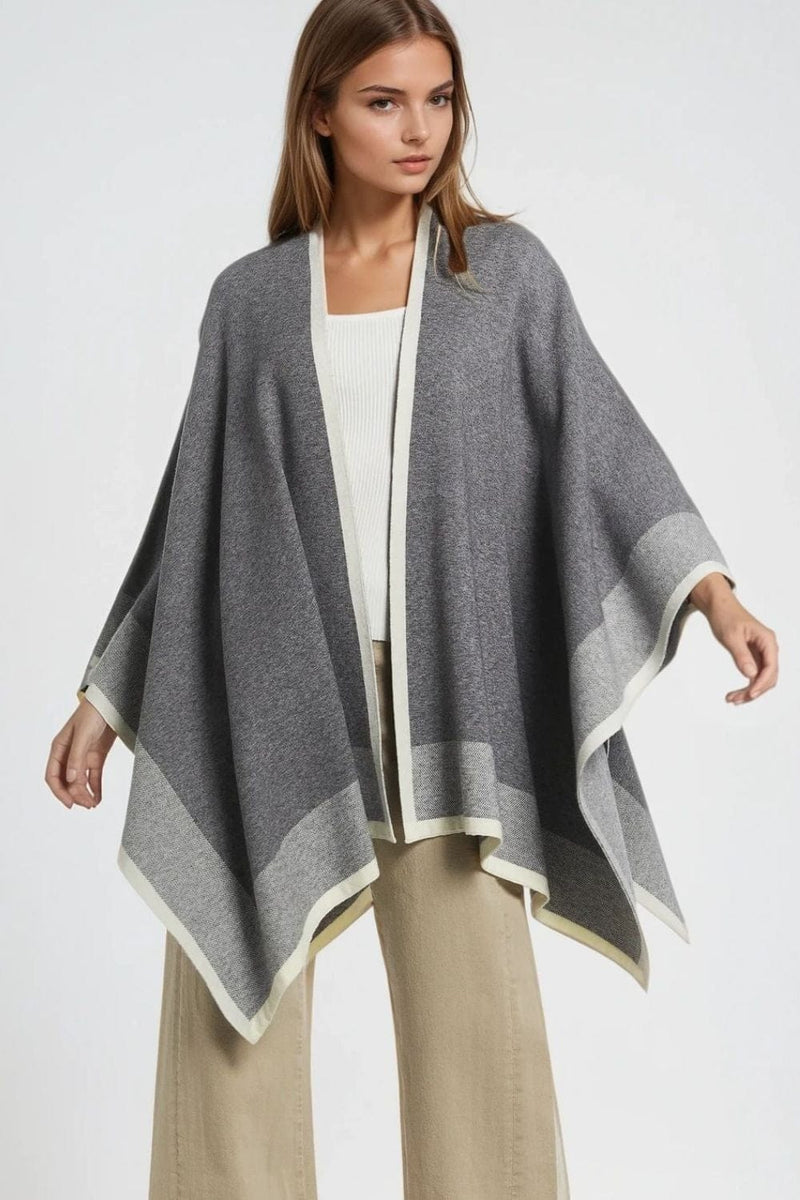 Q2 Women's Sweater One Size / Grey Knitted Poncho In Grey With Ecru Trim