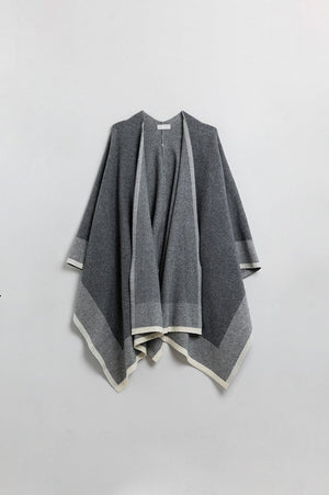 Q2 Women's Sweater One Size / Grey Knitted Poncho In Grey With Ecru Trim