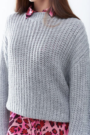 Q2 Women's Sweater One Size / Grey Light Grey Chunky Knit Sweater With Balloon Sleeves