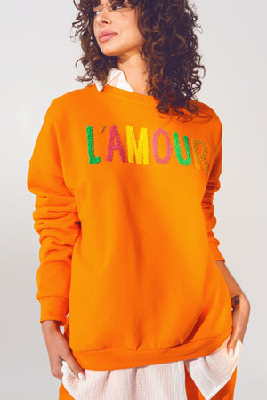 Q2 Women's Sweater One Size / Orange / China L'amour Text Sweater in Orange