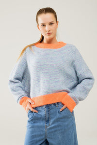 Q2 Women's Sweater One Size / Orange Oversized Light Blue/Orange Knit Sweater