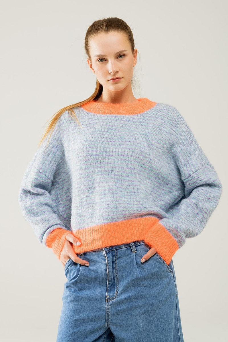 Q2 Women's Sweater One Size / Orange Oversized Light Blue/Orange Knit Sweater