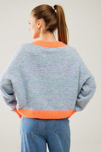 Q2 Women's Sweater One Size / Orange Oversized Light Blue/Orange Knit Sweater