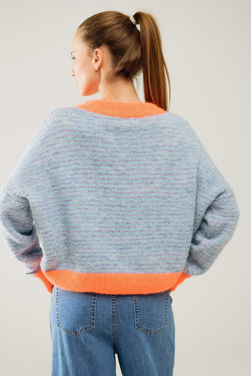 Q2 Women's Sweater One Size / Orange Oversized Light Blue/Orange Knit Sweater