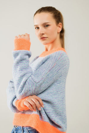 Q2 Women's Sweater One Size / Orange Oversized Light Blue/Orange Knit Sweater