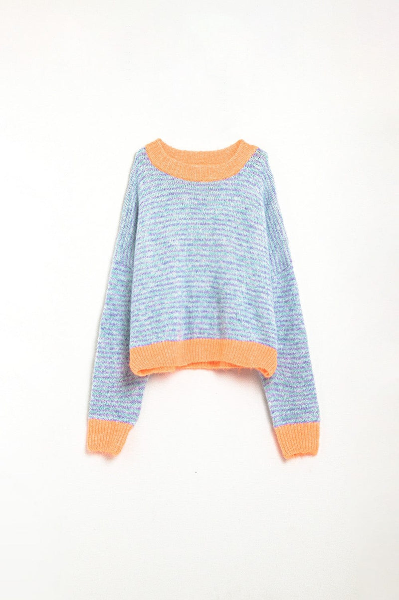 Q2 Women's Sweater One Size / Orange Oversized Light Blue/Orange Knit Sweater