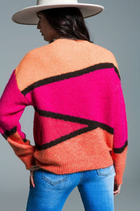 Q2 Women's Sweater One Size / Orange Two-Tone Asymmetrical Sweater