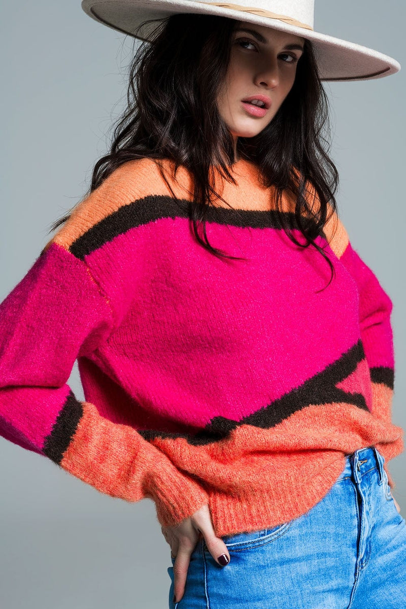 Q2 Women's Sweater One Size / Orange Two-Tone Asymmetrical Sweater