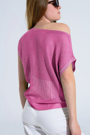 Q2 Women's Sweater One Size / Pink Boat Neck Ribbed Sweater With Cap Sleeves In Pink