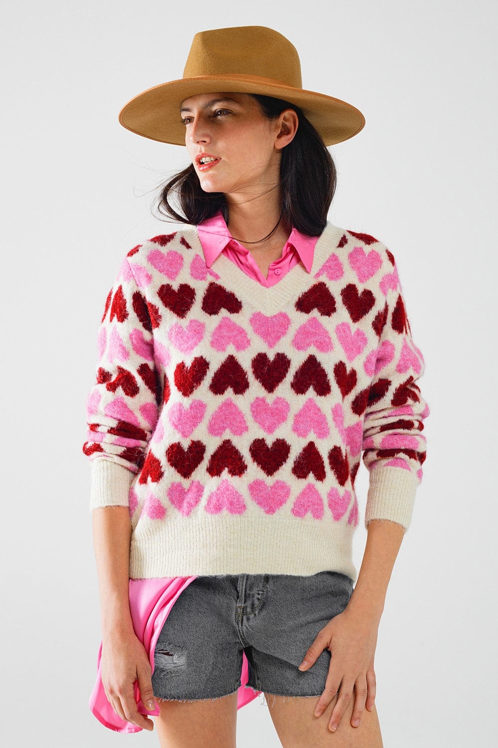 Q2 Women's Sweater One Size / Pink Cozy White Sweater With Pink Hearts