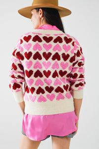 Q2 Women's Sweater One Size / Pink Cozy White Sweater With Pink Hearts