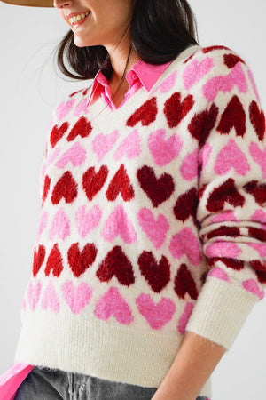 Q2 Women's Sweater One Size / Pink Cozy White Sweater With Pink Hearts