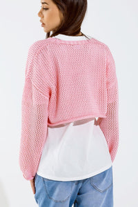 Q2 Women's Sweater One Size / Pink Crochet Basic Cropped Cardigan In Baby Pink