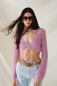 Q2 Women's Sweater One Size / Pink Lilac Short Crochet Cardigan With Lurex Detail