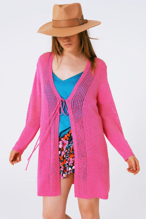 Q2 Women's Sweater One Size / Pink Midi Crochet Drawstring Cardigan In Pink