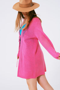 Q2 Women's Sweater One Size / Pink Midi Crochet Drawstring Cardigan In Pink