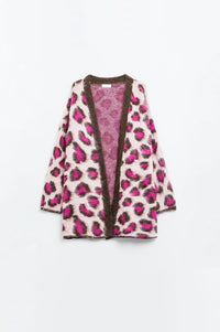 Q2 Women's Sweater One Size / Pink Pink Leopard Print Cardigan With Wool