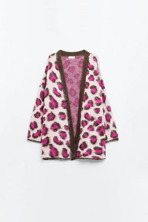 Q2 Women's Sweater One Size / Pink Pink Leopard Print Cardigan With Wool