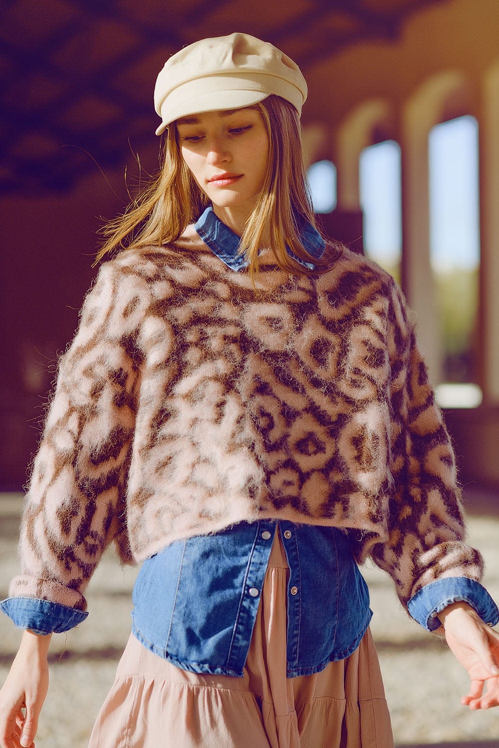 Q2 Women's Sweater One Size / Pink Pink Leopard Print Sweater Made Of Wool Knitted