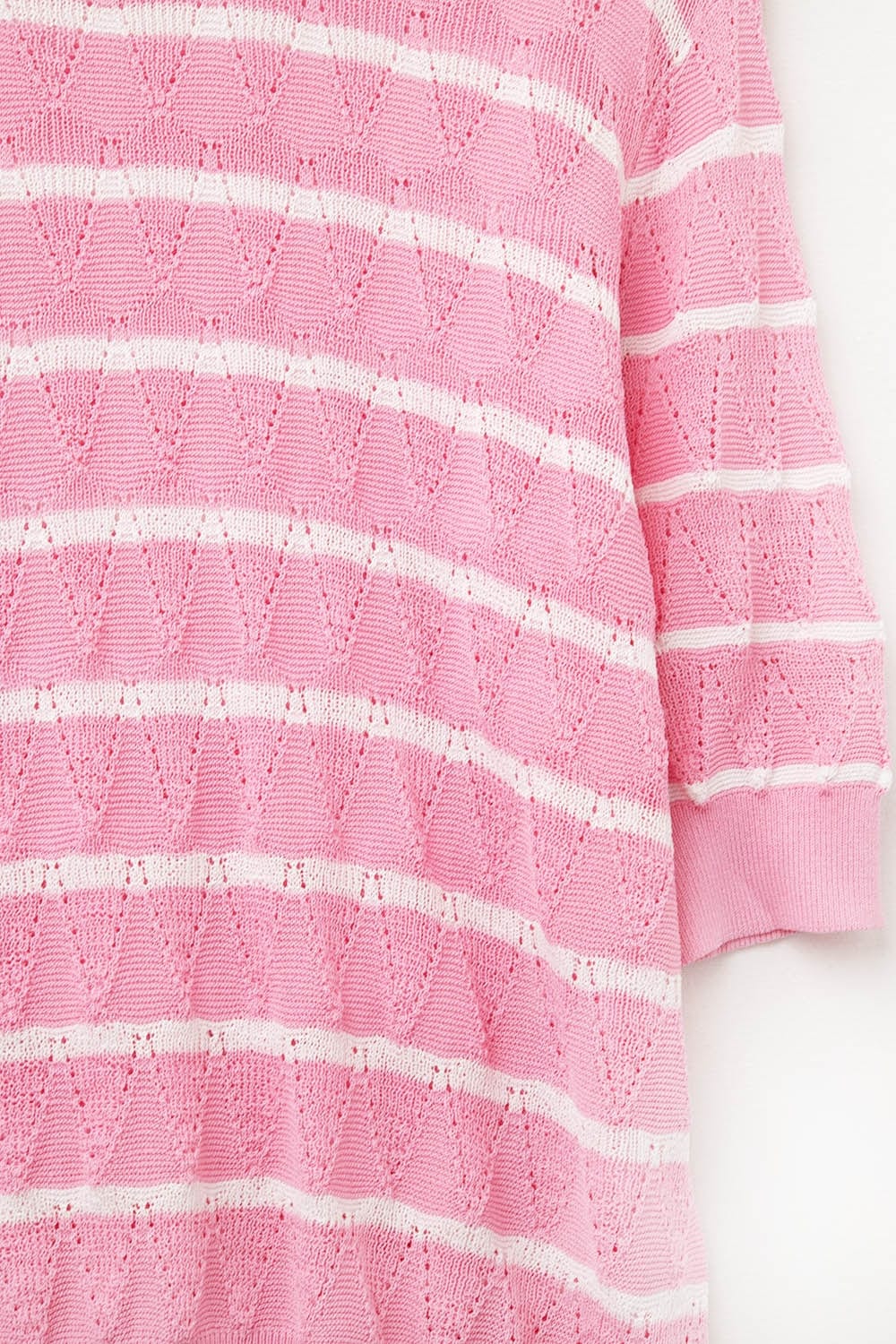 Q2 Women's Sweater One Size / Pink Pink Openwork Knit Top With Short Sleeves And White Stripes