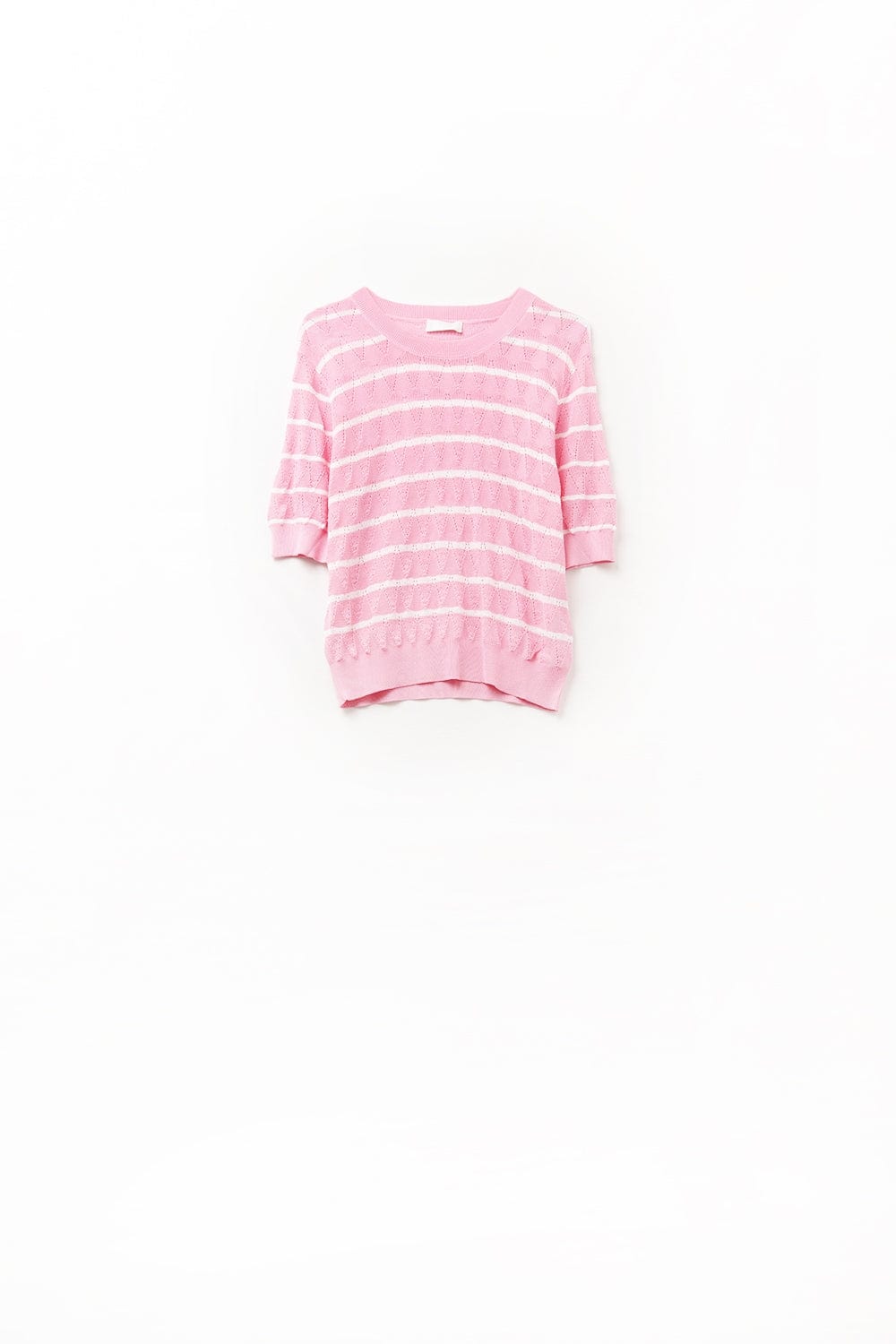 Q2 Women's Sweater One Size / Pink Pink Openwork Knit Top With Short Sleeves And White Stripes