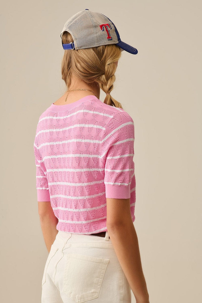 Q2 Women's Sweater One Size / Pink Pink Openwork Knit Top With Short Sleeves And White Stripes