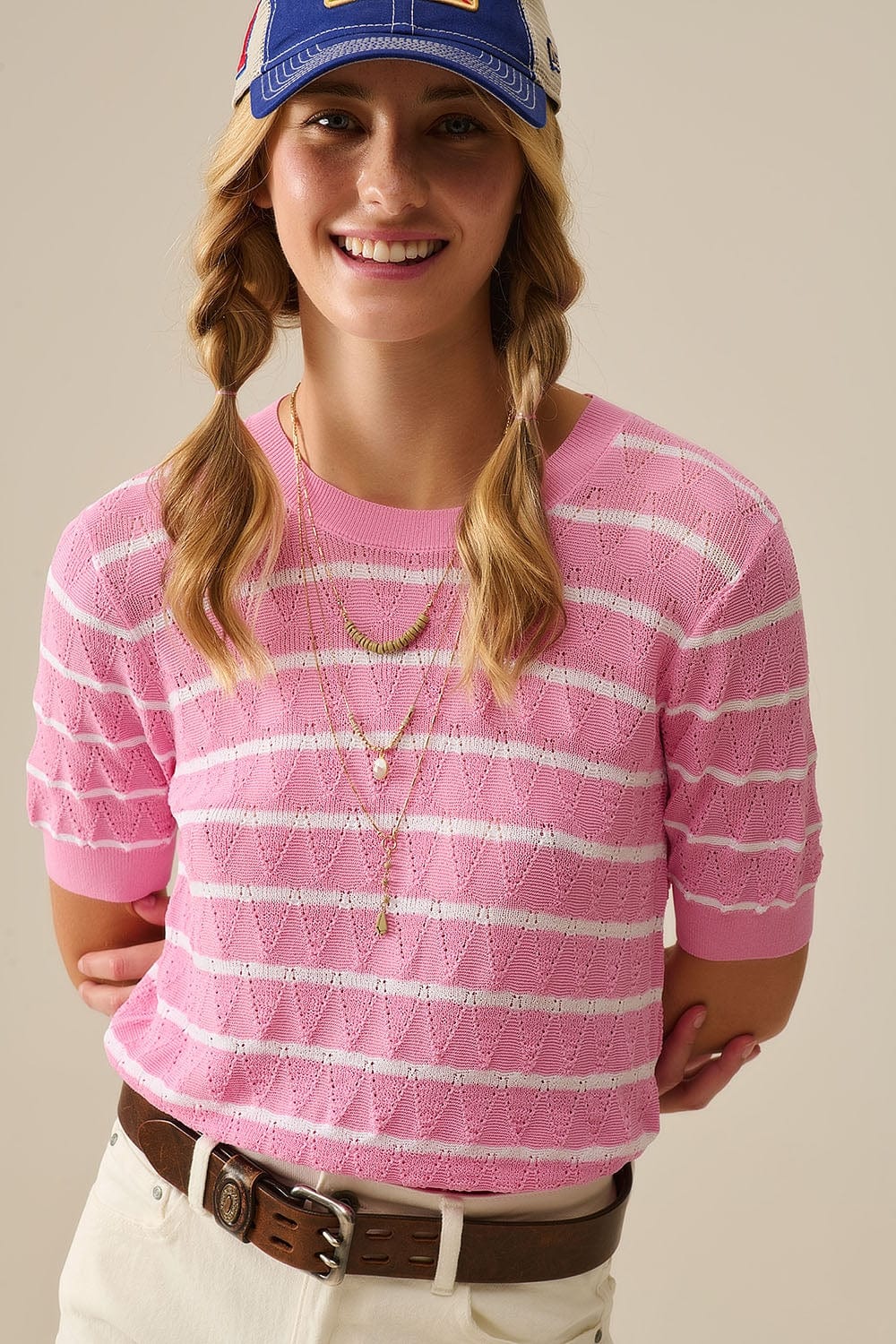 Q2 Women's Sweater One Size / Pink Pink Openwork Knit Top With Short Sleeves And White Stripes