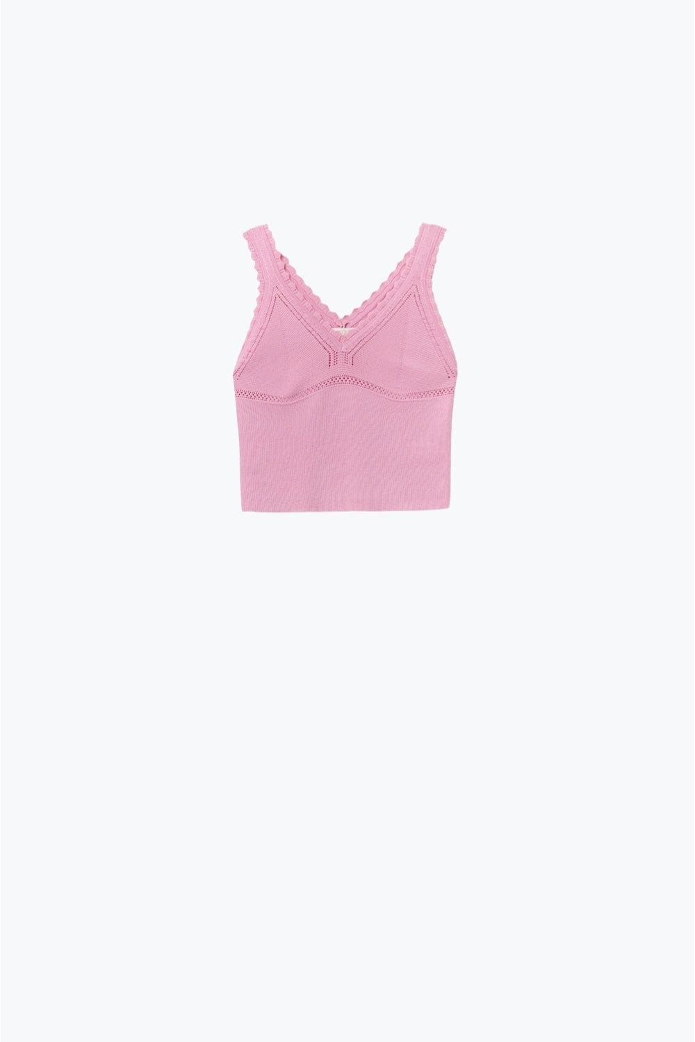 Q2 Women's Sweater One Size / Pink Pink Ribbed Knit Top With Scalloped V-Neck