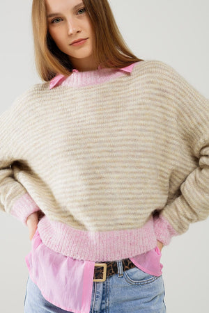 Q2 Women's Sweater One Size / Pink Relaxed Stripey Sweater In Beige With Pink Details