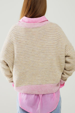 Q2 Women's Sweater One Size / Pink Relaxed Stripey Sweater In Beige With Pink Details