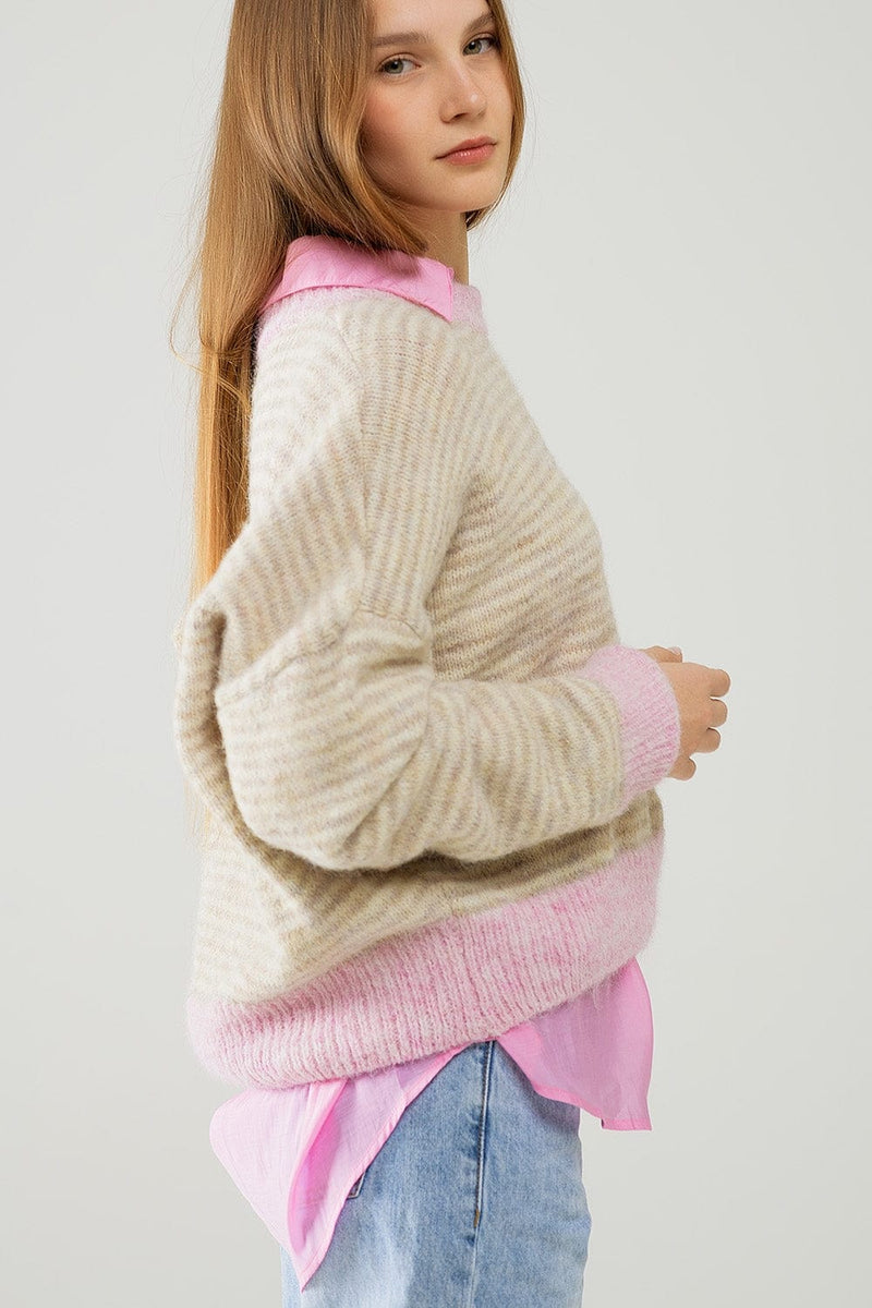 Q2 Women's Sweater One Size / Pink Relaxed Stripey Sweater In Beige With Pink Details