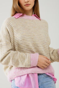 Q2 Women's Sweater One Size / Pink Relaxed Stripey Sweater In Beige With Pink Details