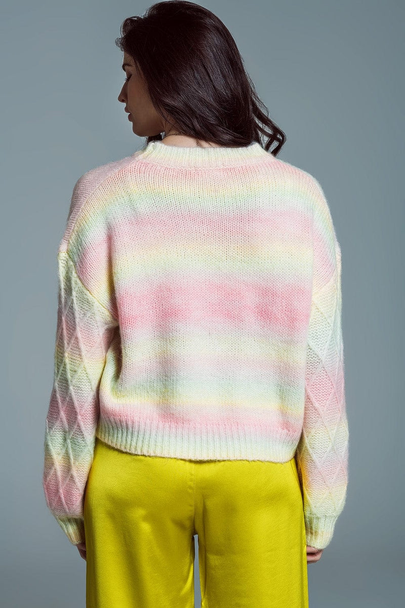 Q2 Women's Sweater One Size / Pink Relaxed Sweater With Ombre Print In Shades Of Pastel And Argyle Print At The Sleeves