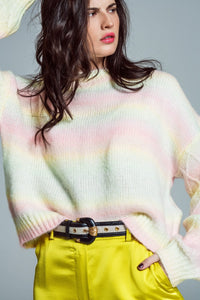 Q2 Women's Sweater One Size / Pink Relaxed Sweater With Ombre Print In Shades Of Pastel And Argyle Print At The Sleeves